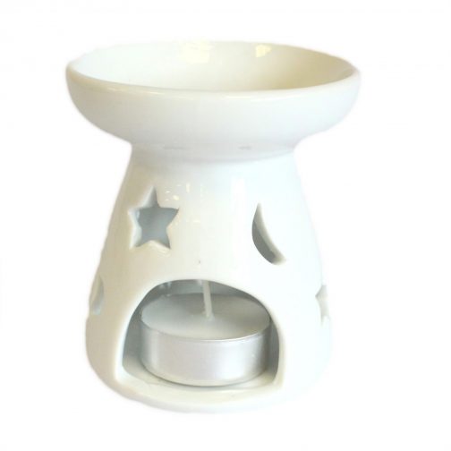 Large White Ceramic Oil / Wax Tealight Burner -  Moon & Stars - Image 2