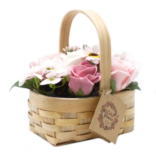 Soap Flower Bouquet in Wicker Basket - Small Pink - Image 2