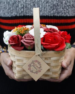 Soap Flower Bouquet in Wicker Basket – Large Red