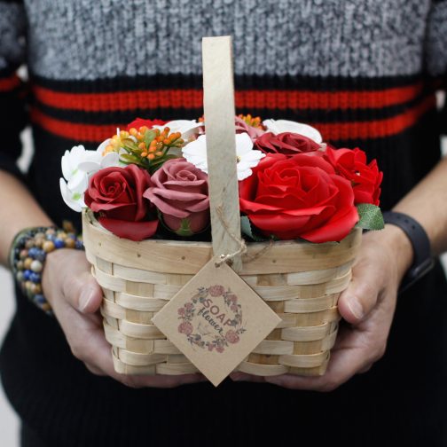 Soap Flower Bouquet in Wicker Basket - Small Red - Image 2