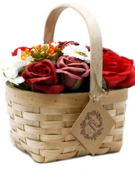Soap Flower Bouquet in Wicker Basket – Large Red