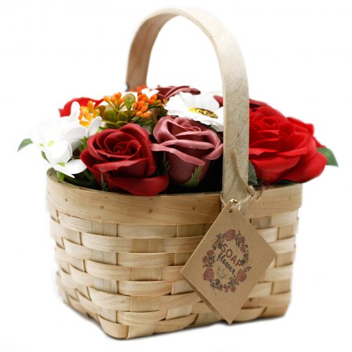 Soap Flower Bouquet in Wicker Basket - Large Red