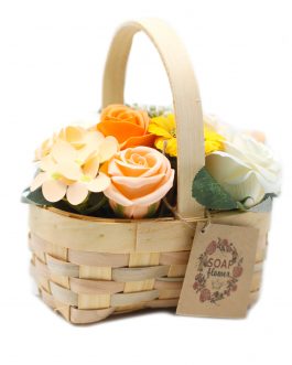 Soap Flower Bouquet in Wicker Basket – Small Orange