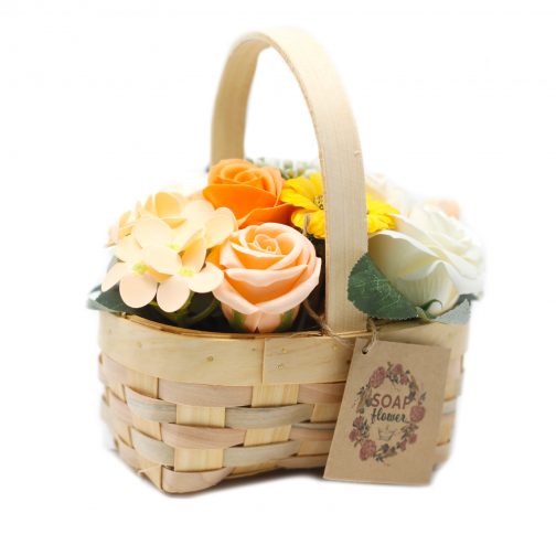 Soap Flower Bouquet in Wicker Basket - Small Orange