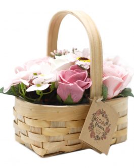 Soap Flower Bouquet in Wicker Basket – Small Pink