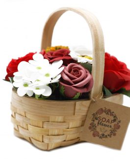 Soap Flower Bouquet in Wicker Basket – Small Red