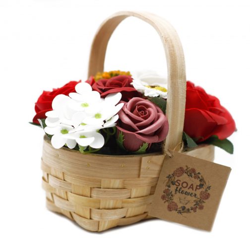 Soap Flower Bouquet in Wicker Basket - Small Red
