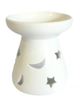 Large White Ceramic Oil / Wax Tealight Burner –  Moon & Stars