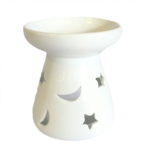 Large White Ceramic Oil / Wax Tealight Burner -  Moon & Stars